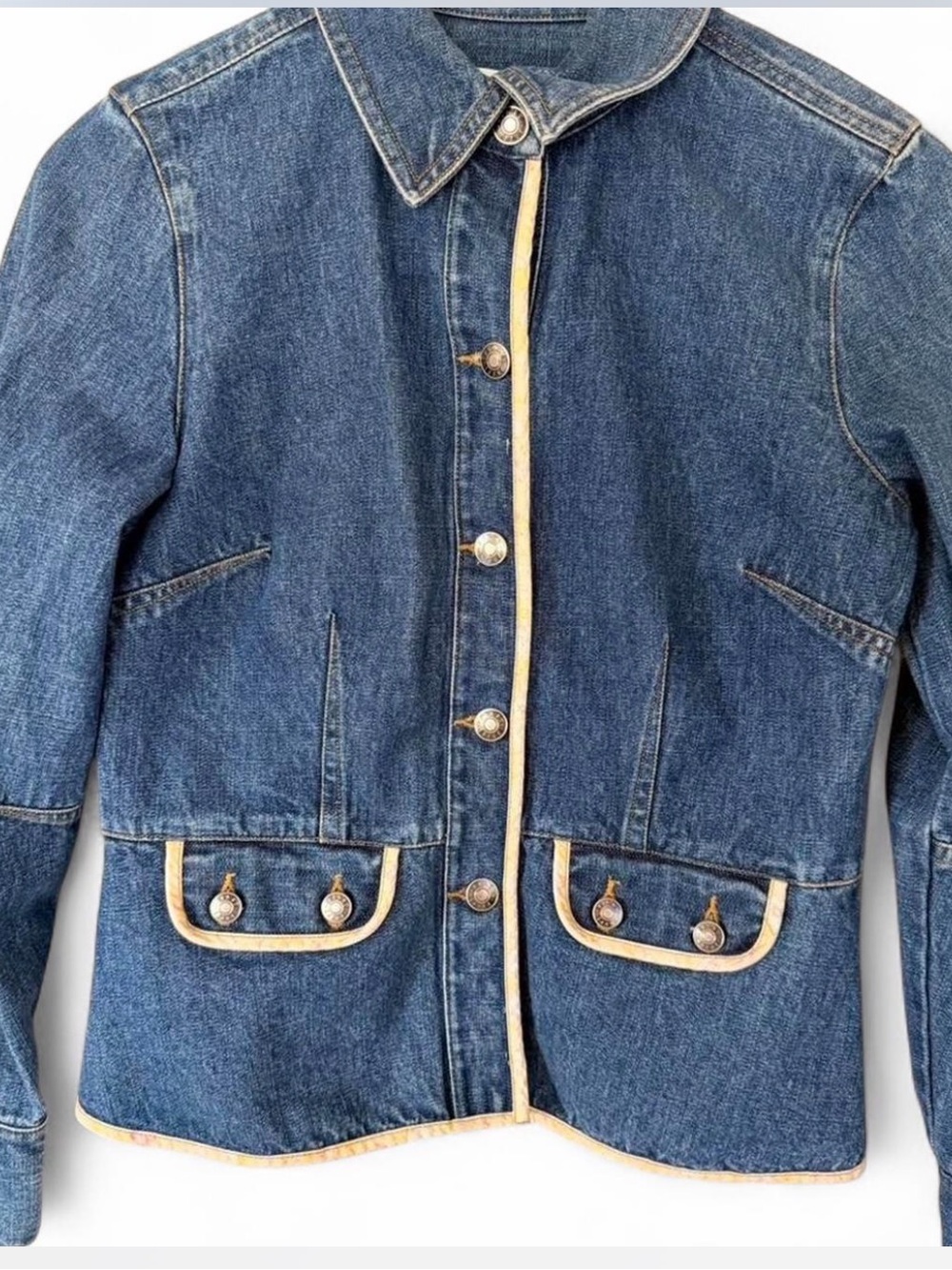 1990s Liz Claiborne Company Classic Blue Denim Jacket with Cream Trim
